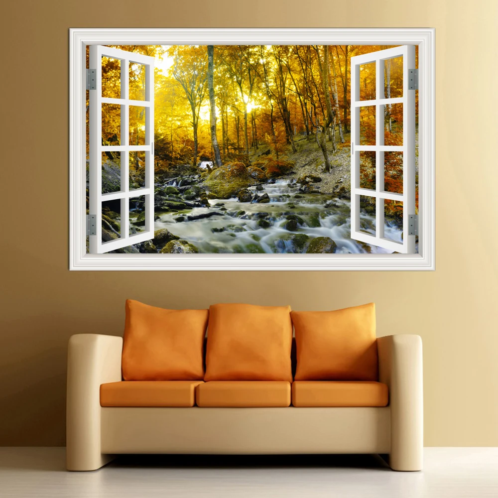 one piece 3D Window Sticker Landscape Wall Golden Maple Leaf Forest View Vinyl Wallpaper Home Decor Accessories for Living Room |