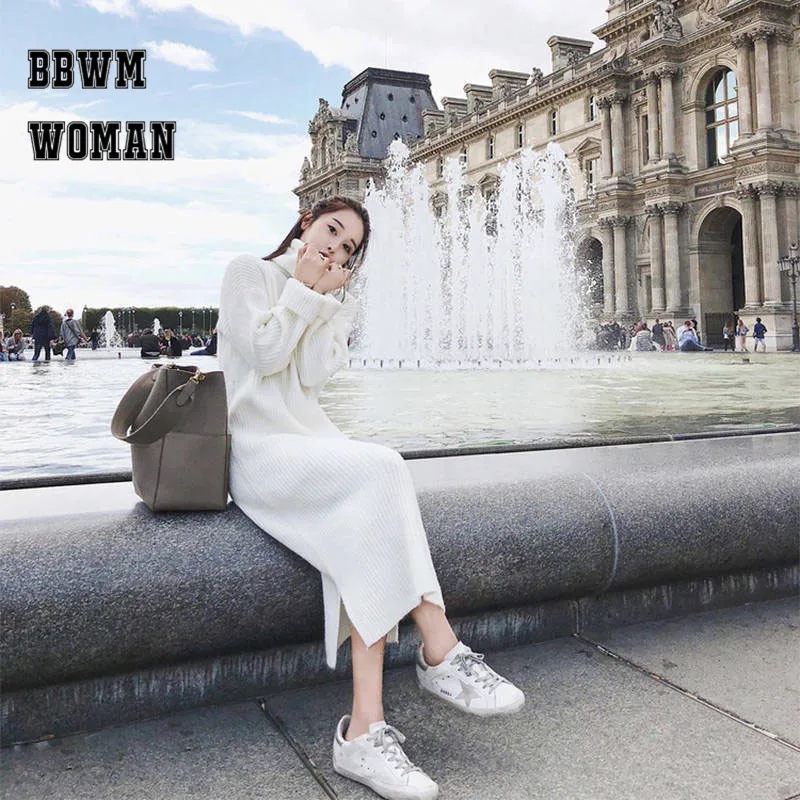 

2019 Autumn Black And White Color Knitted Women Dress Long Sleeve Warm Female Dresses
