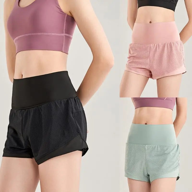 

Women 2-In-1 Workout Running Shorts with Liner Back Pocket Double Layer High Waisted Sports Breathable Mesh Athletic Leggings