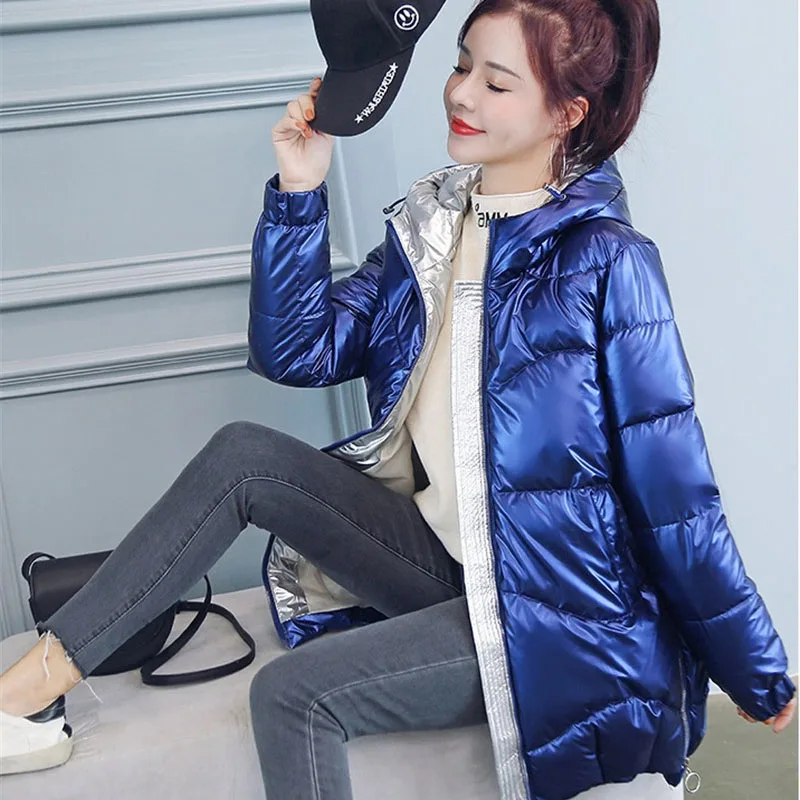 Женский блестящий пуховик длинная теплая хлопковая куртка без стирки