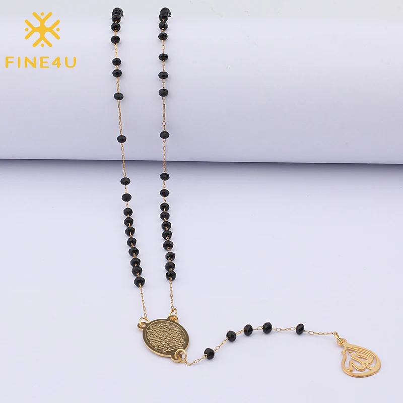 FINE4U N301 Stainless Steel Muslim Arabic Pendant Necklace Glass Faceted Beads Crucifix Men Women Rosary Jewelry | Украшения и