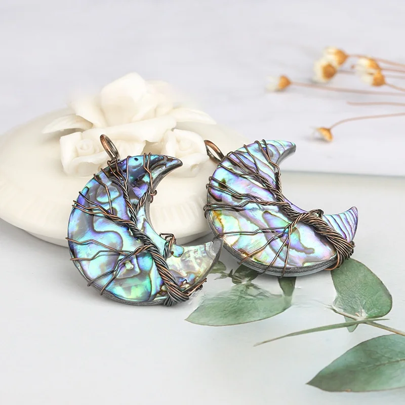 

New Accessories Natural Abalone Shell Pendant Tree of Life Moon Necklace Pendant Vintage Handmade Jewelry