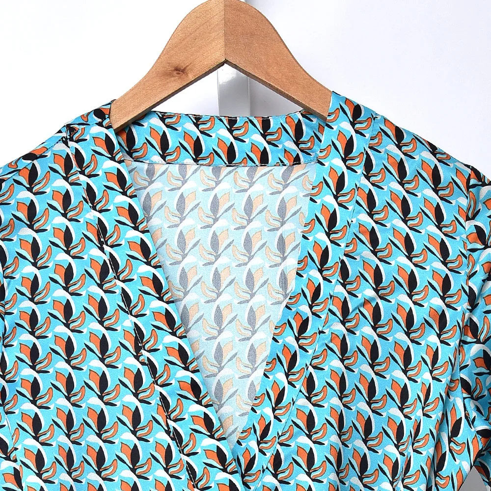 

Women Summer Green Wrap Dress V Neck Flower Printed 2020 New Three Quarter Sleeve Vintage Office Ladies Slim Elegant Mini Dress