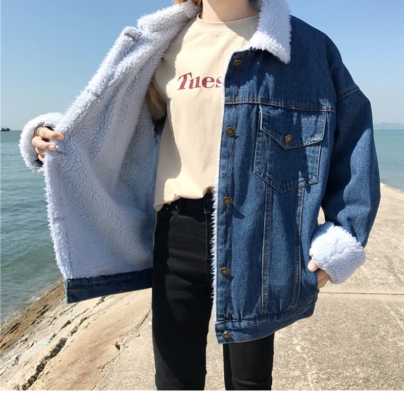 

Denim Jacket Women Thick Warm 2021 New Autumn And Winter Woman Coat Lapel Long-Sleeved Wool Lining Jean Casual All-Match