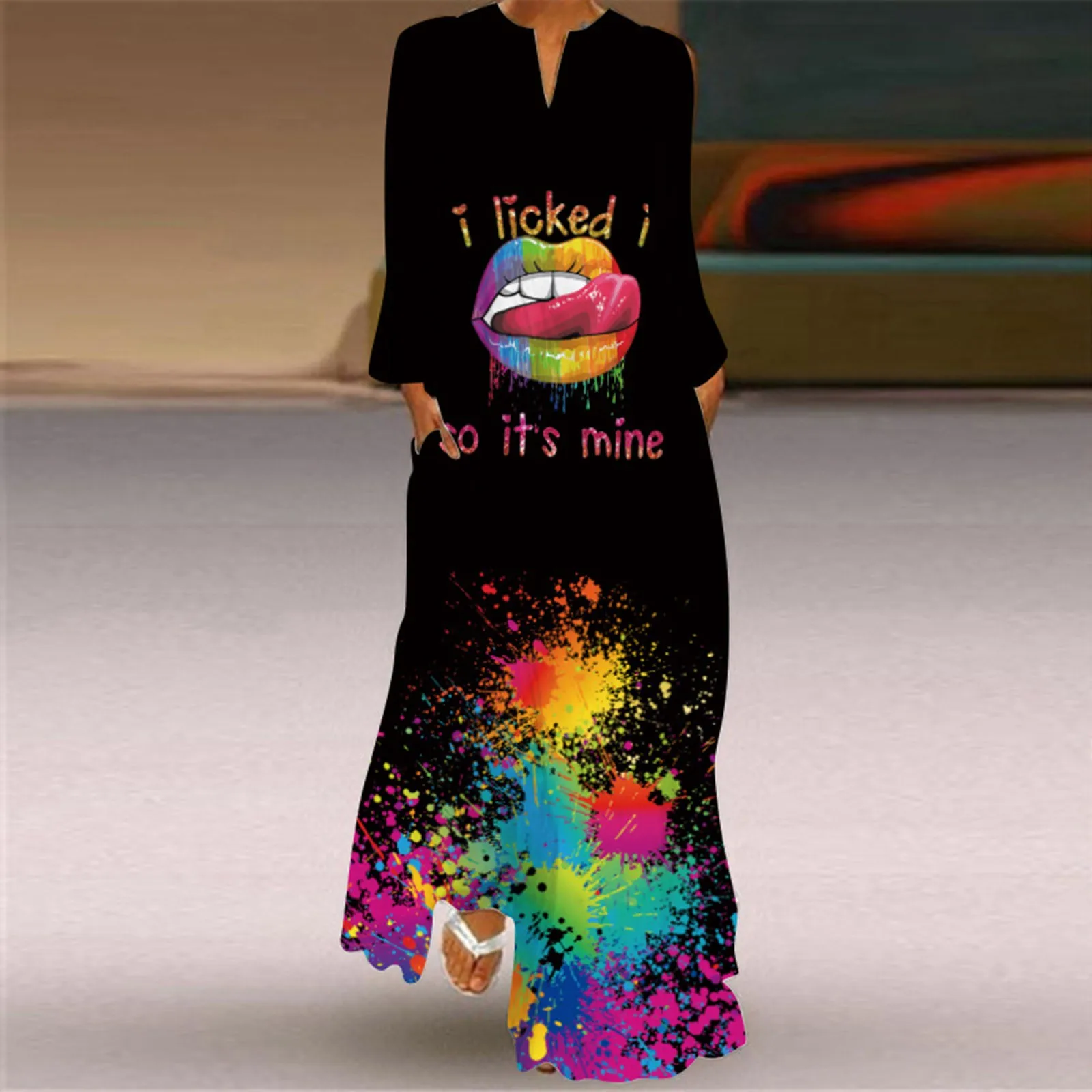 

Vintage Colorful Mouth Print Black Dress 2022 Elegant Casual Loose Long Sleeve Summer Beach Long Dress Holiday Vocation Sundress