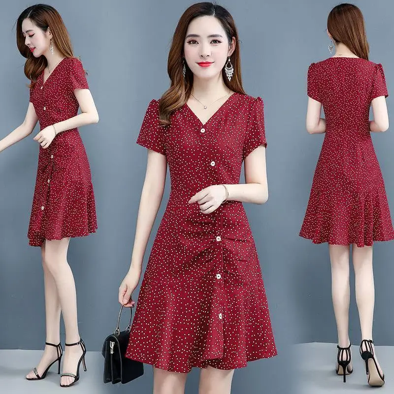 

Модное шифоновое женское платье на пуговицах с V-образным вырезом, облегающее платье средней длины, новое летнее женское мини-платье