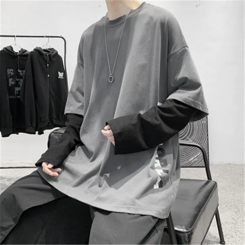 

Hong Kong StyleT-Shirt Men's Tide Brand Ins Hip-Hop Fake Two-Piece Clothes Korean Students Loose Trend Casual Long-Sleeved Shirt