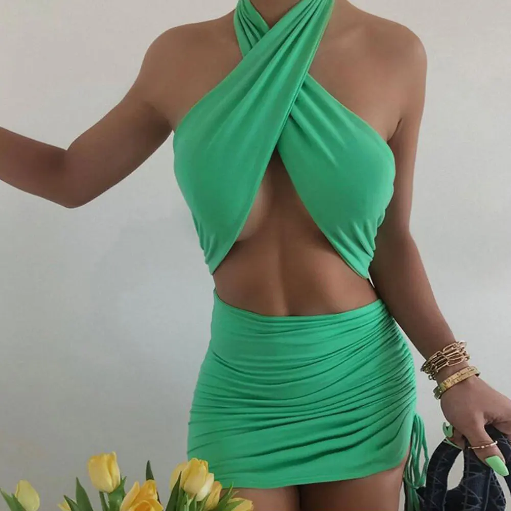 

2021 New Women Sexy Hollow Halter Dress Bandage Cross Fashion Slim Sleeveless Solid Sleeveless Mini Dress Female Party Club Wear
