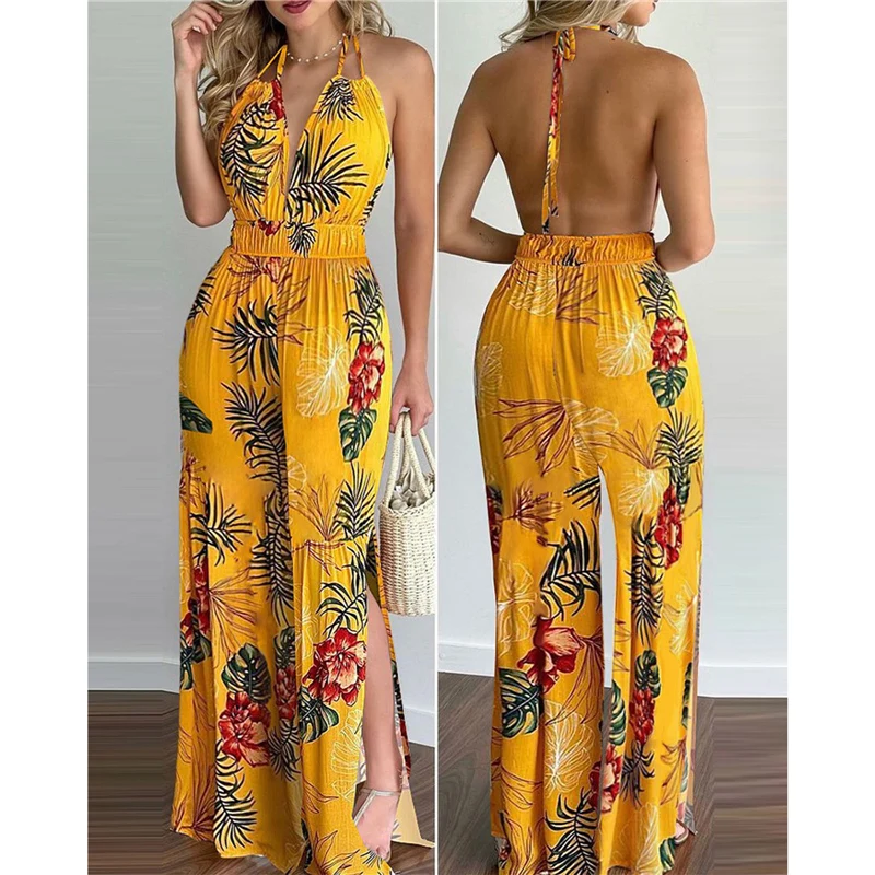 

Women Floral Print Long Jumpsuits Sleeveless Deep V Neck Backless Lace-up Jumpsuit