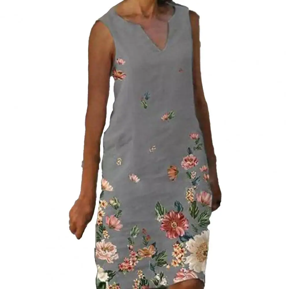 

Summer Women Dress V Neck Floral Print Sleeveless Loose Knee-length Dress Summer Lady Casual Elegant Party Swing Dress Vestidos
