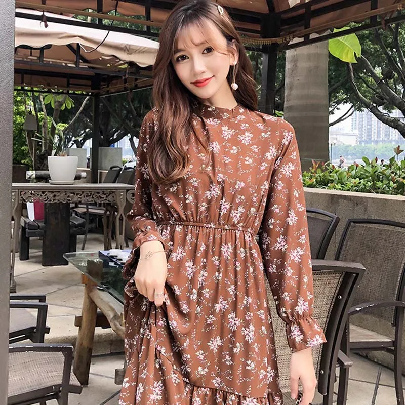 Women dress Flare Sleeve white and black dresses 2020 elegant Print A-Line Stand collar Spring chiffon 3275 50 | Женская одежда