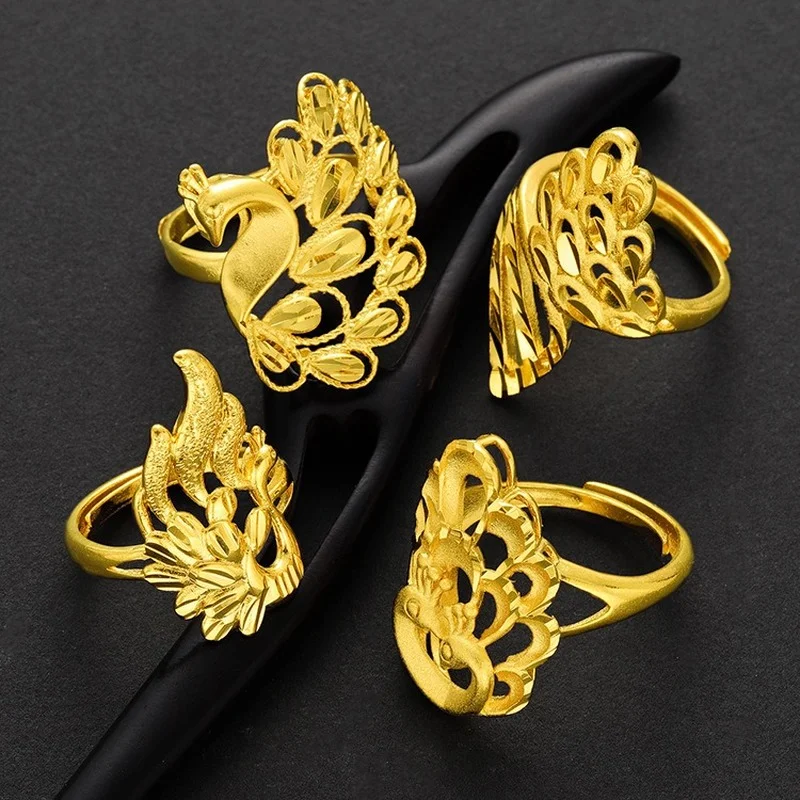 

24K Yellow Gold Color Ring Women Vietnam Sand Gold Brass Gold-plated Peacock and Phoenix Open Adjustable Ring Wedding Jewelry