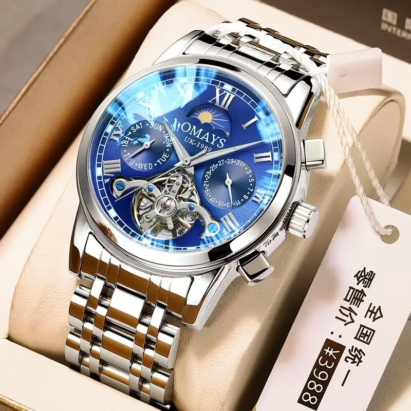 

Часы OMAYS Мужские механические, модные автоматические водонепроницаемые из нержавеющей стали с турбийоном