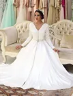 Белое марокканское свадебное платье 2022 Robe De Mariee, кружевное атласное Элегантное свадебное платье с длинным рукавом, ТРАПЕЦИЕВИДНОЕ свадебное платье