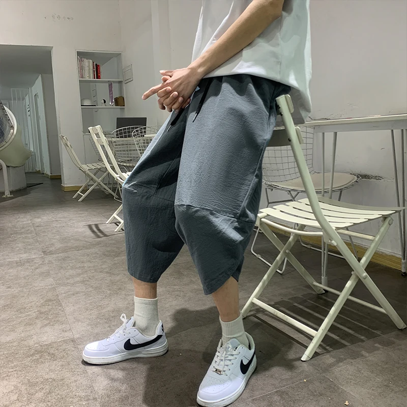 

2021Cotton Linen Mens Harem Pants Summer Male Casual Calf-Length Pants Solid Big Pocket Baggy Pants Trousers Male Dropshipping