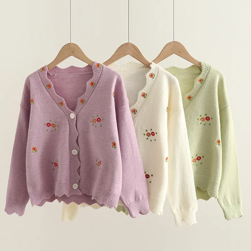 

Sweet Girls New Autumn Cardigans Sweaters Women Preppy Style V Neck Batwing Sleeve Floral Embroidery Chic Knitwear for Student