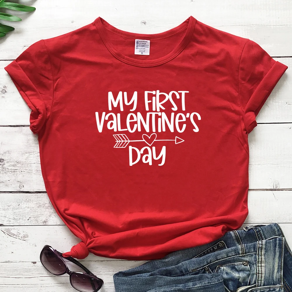 

Футболка с принтом «Мой первый день Святого Валентина», «любовь», «Стрела», милые женские футболки с графическим принтом, топы, забавные жен...