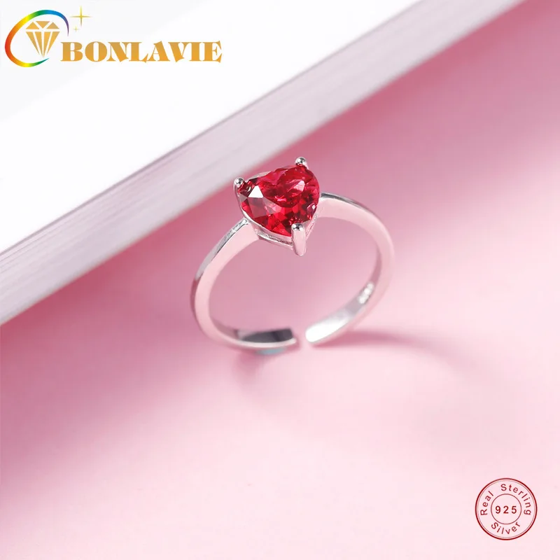 

BONLAVIE S925 Sterling Silver Heart Ring with Adjustable Opening Red Corundum Peach Heart Ring