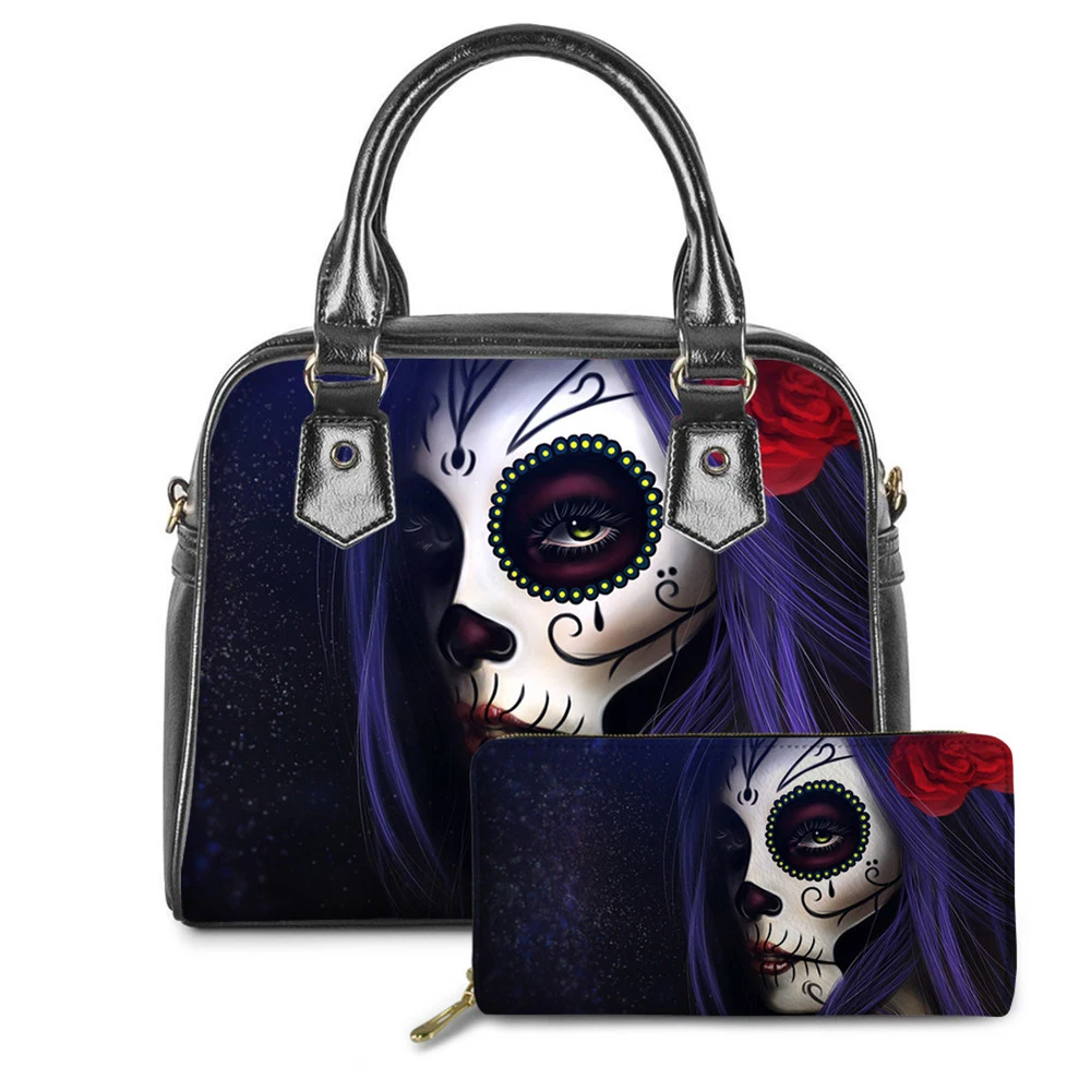 

Роскошные сумки на заказ, женские сумки, брендовые дизайнерские готические кошельки из искусственной кожи с принтом черепа, комплект из 2 су...