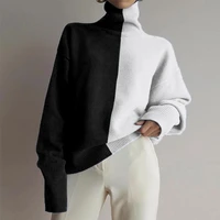 turtleneck black white colorblock vintage design knit sweater women long sleeve plus size japanese fashion tops winter pullover