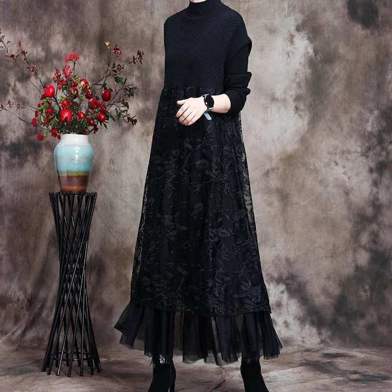 

winter noble wealthy woman long render women knitting lace dress stitching temperament wind cultivate morality dress