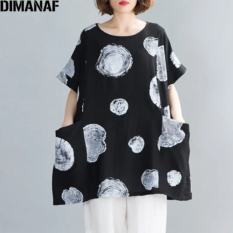 Женская хлопковая Футболка DIMANAF Повседневная Свободная футболка черного цвета с