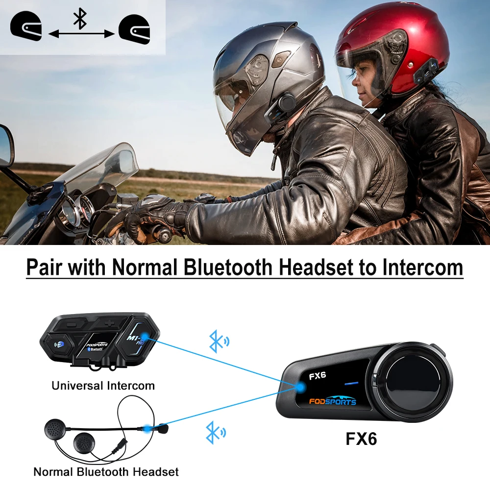 Fodsports 2 pcs FX6 Helmet Intercom Motorcycle Bluetooth Headset 6 Rider 1000m Interphone Intercomunicador FM Radio | Автомобили и