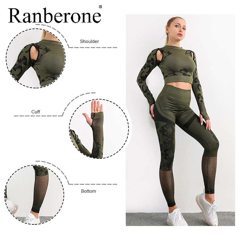 Ranberone 2 Piece Yoga Sets Sport Fitness Seamless Workout Clothes Gym Women Hollow Out Patchwork Women's Tracksuit 2020
