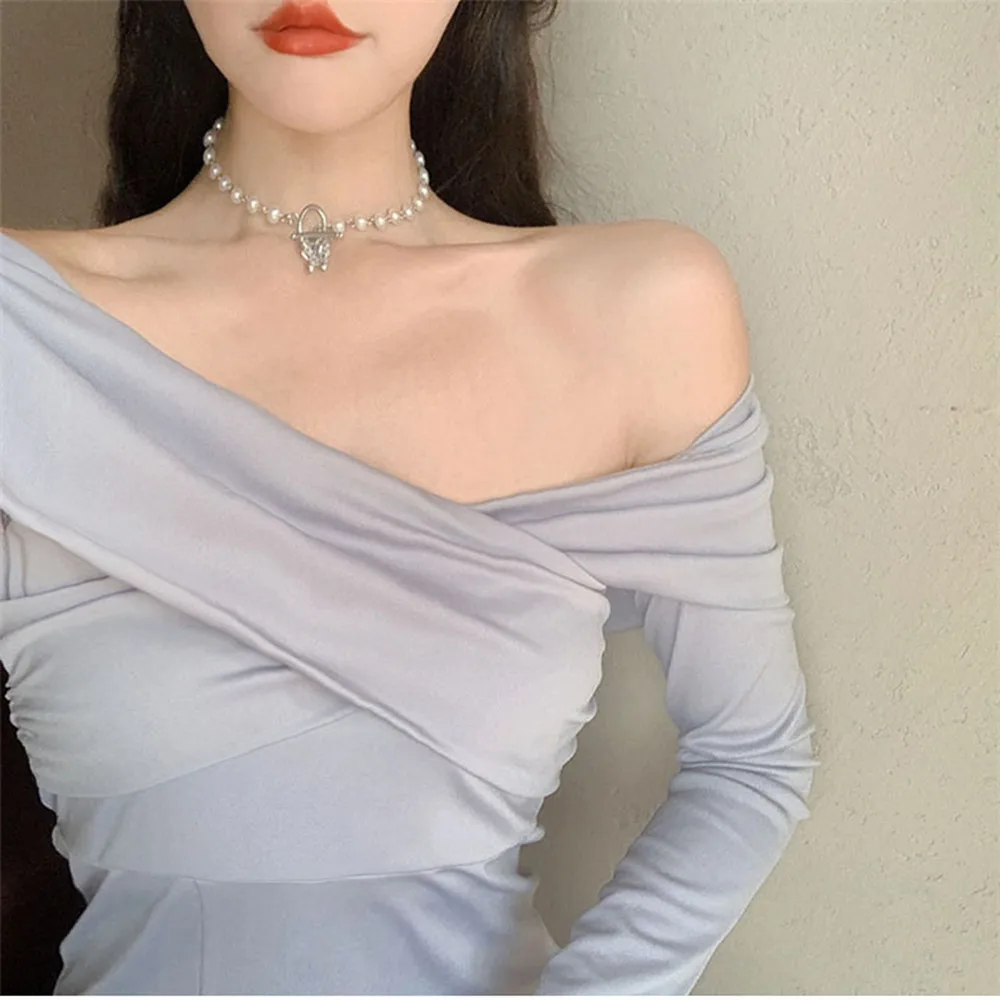 

2021 Spring And Autumn New Sexy Off Shoulder Dress Elegant Women's Wear Simple Fashion Long Sleeve Top Lolita Party Women's Wear
