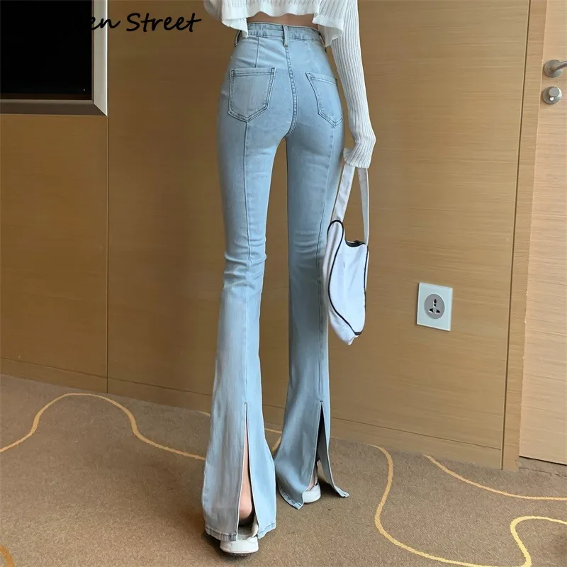 

Flared Pants Women's 2020 New High Waisted Jeans Slim Stretch Design Split Denim Female Trousers Korea Clothing Aesthetic Y2K