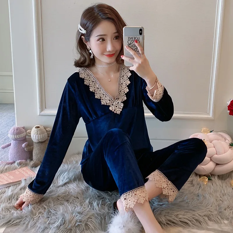 

2020 Autumn Winter Long Sleeve Gold Velvet Pajama Sets Women Thick Warm Lace V-neck Sleepwear Pyjamas Suit Homewear Home Clothes