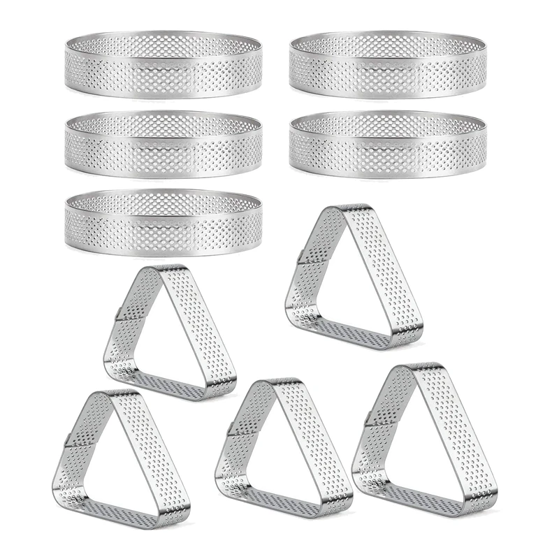 

10Pcs Round & Triangular Stainless Steel Tart Ring Tower Pie Cake Mould Baking Tools Perforated Dessert Cake Mousse Ring