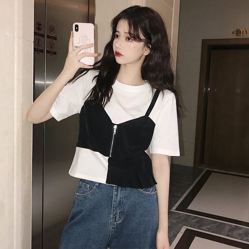 

Летняя короткая блузка, женская футболка, летняя имитация двух частей, корейские комбинированные Топы с коротким рукавом, блузы большого ра...
