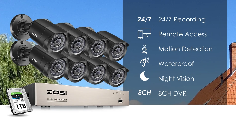 ZOSI 8CH видеонаблюдение Системы 8x720 P/1080 P внутренний наружный IR всепогодные камеры для домашней системы безопасности HD комплект видеорегистратора скрытого наблюдения 1 ТБ HDD