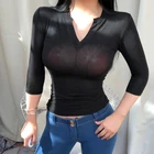 Женская Просвечивающая футболка из хлопка, с V-образным вырезом и длинным рукавом