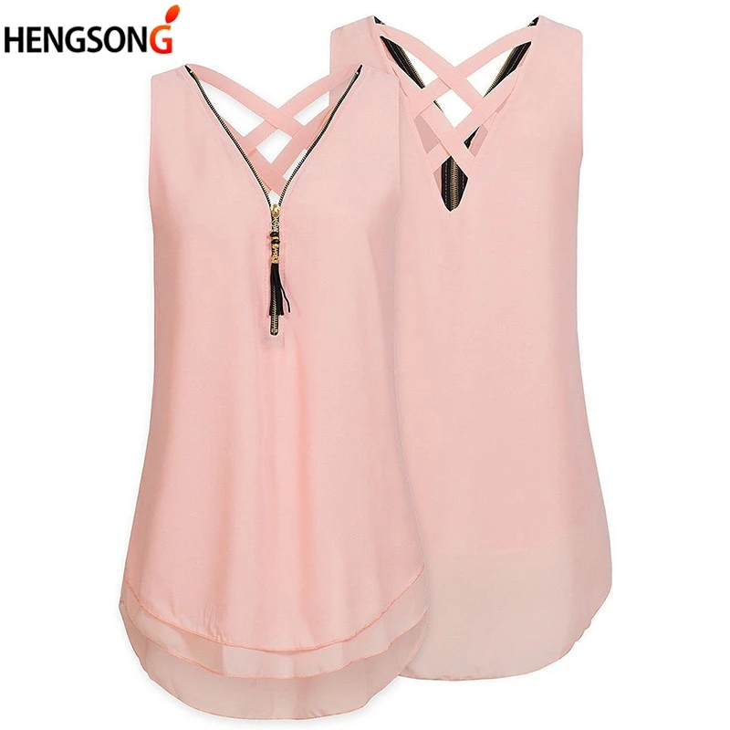 

2022 New Spring Summer Athletic Women Loose Sleeveless Running T-shirt Cross Back Hem Layed Zipper Sportswear V-Neck T Shirts