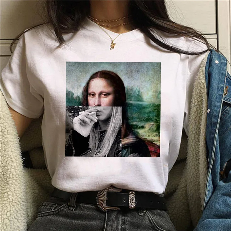 

Vintage 90s Cartoon Korean Clothes Harajuku Aesthetic Tshirt Women Mona Lisa Spoof Personality Oil Painting Tops Female T-shirt