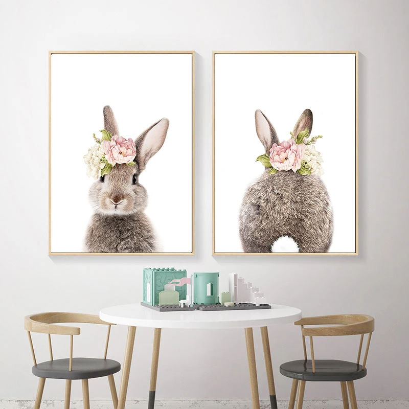 

Rabbit Flower Nursery Nordic Posters and Prints Wall Art Canvas Painting Cartoon Animal Wall Pictures Girl Baby Kids Room Decor