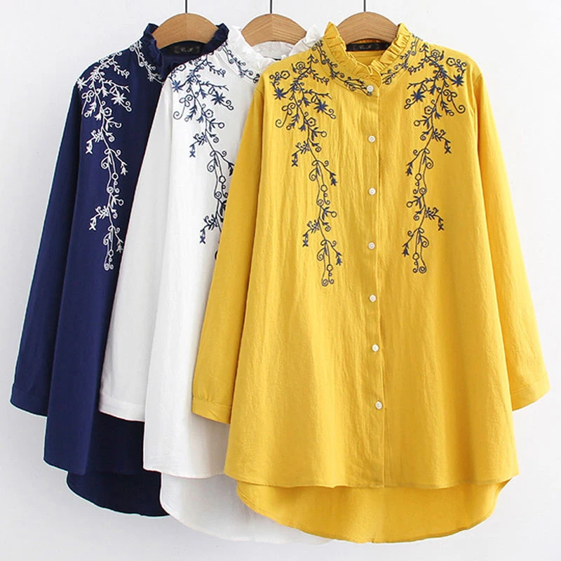 

New Arrival Autumn Women Long Sleeve Loose Shirts Vintage Embroidery Cotton Linen Stand Collar White Blouse Plus Size Tops D442