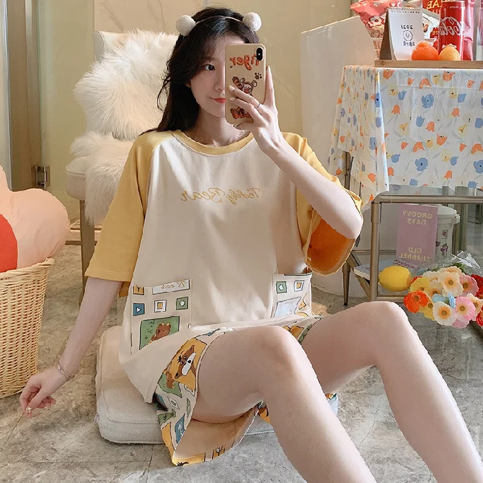 

Green Cartoon Print 2PCS Cotton Pajamas Suit Lady Summer New 3/4 Sleeve Shorts Home Wear Casual O-Neck Nightwear Loose Sleepwear