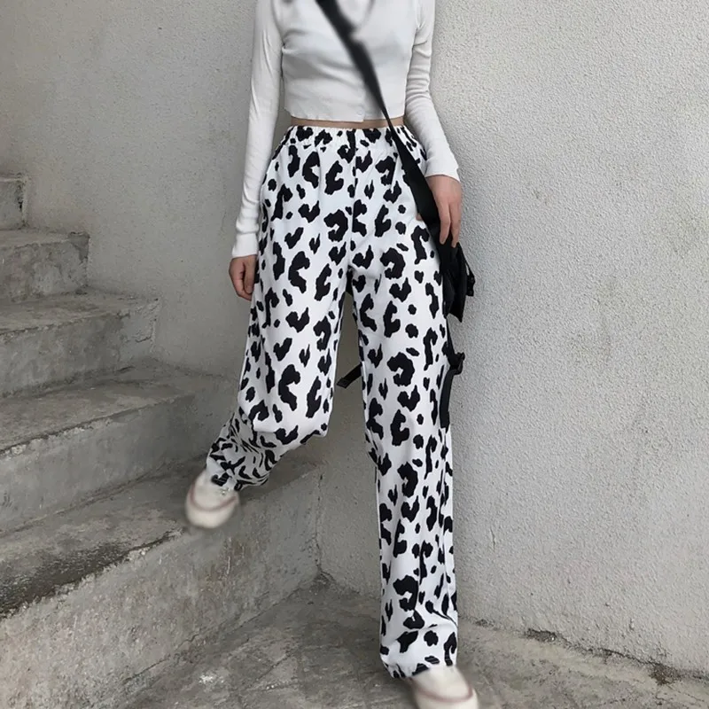 

Women's High Waist Cow Pattern Pants Drape Wide Leg Loose Casual Polyester Cool Trousers 2021