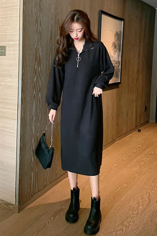 

COIGARSAM Loose Women dress New Upset Dresses Dark Grey Black 3925