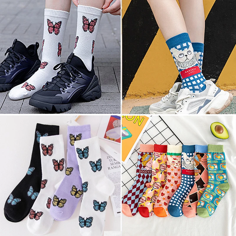 

2/3/4/5Pair Comfortable Cotton Socks Print Kawaii Short Socks for Women Novelty Cute Socks Funny Art Spring Summer Autumn Winter