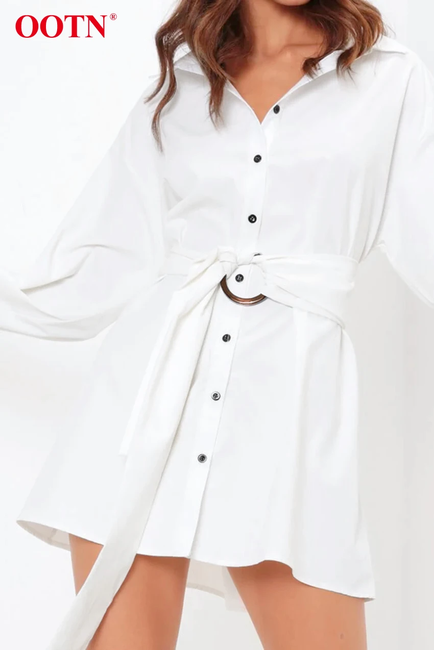 OOTN, отложной воротник, синяя туника, платье-рубашка, женское платье с длинным рукавом и поясом, офисное женское мини-платье, Осень-зима, повседневное белое платье