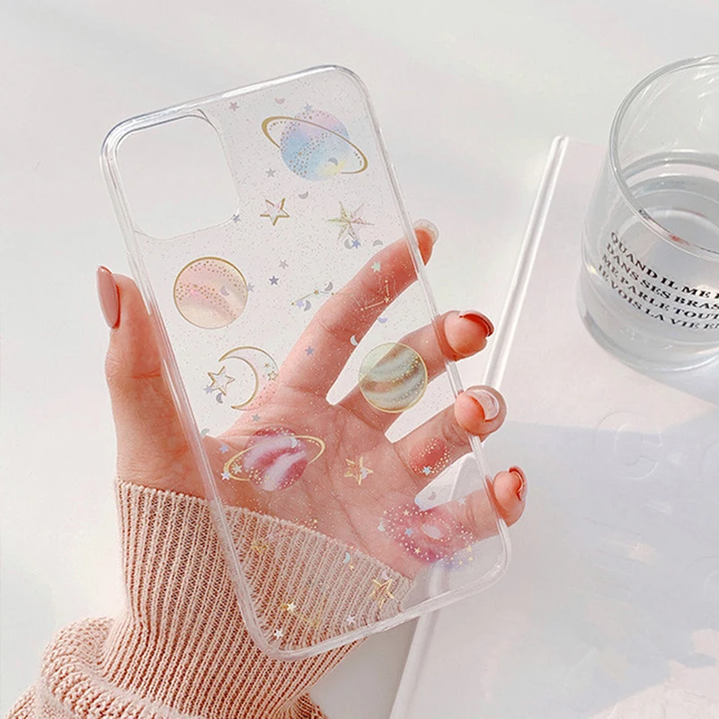 hot planet glitter clear phone case for iphone 13 12 pro max 11pro max xr x xs max 7 8 plus soft epoxy back cover cases free global shipping