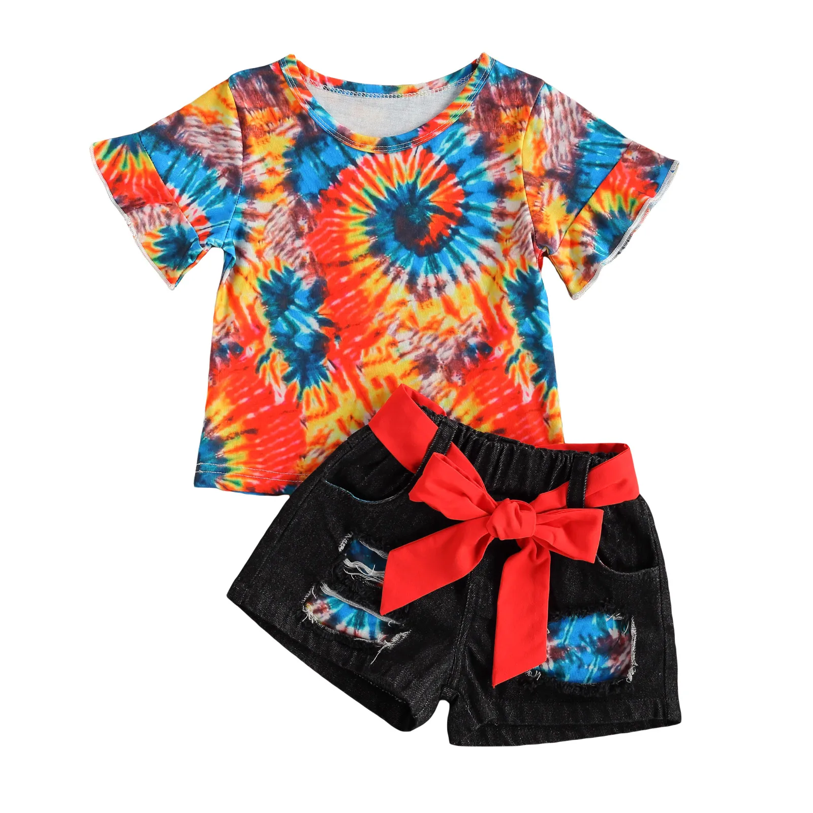 

Детский летний костюм OPPERIAYA для девочек, топ с коротким рукавом и круглым вырезом, джинсовые шорты с поясом и бантом, комплект из 2 предметов