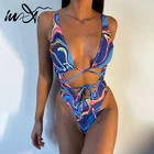 Слитный купальник с принтом In-X, сексуальные женские бандажные купальные костюмы, купальник с высоким вырезом, женские костюмы для ванной