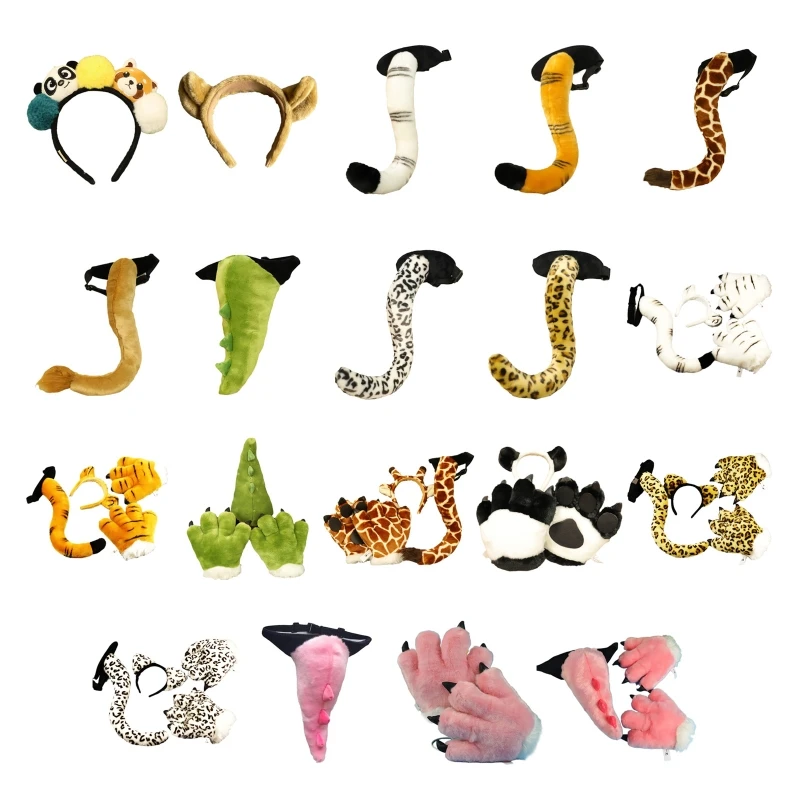 

Adult Kids Plush Dinosaur/Tiger/Leopard/Lion/Giraffe/Panda Cosplay Costume Cute Ear Headband 3D Animal Paw Fluffy Gloves