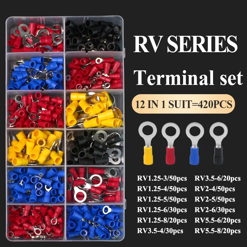 420Pcs/Box RV Ring Terminal Crimp Connector 12 in 1 0.5-6mm2 Eletrical Wire Cable End Butt SV Bullet Plug Copper Insulated Cord