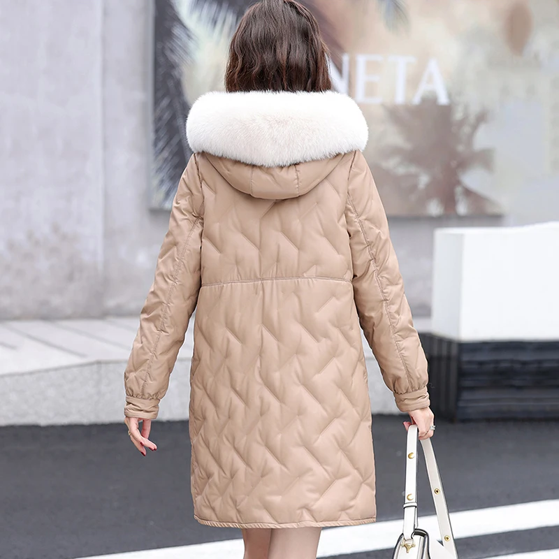 New Women Leather Down Coat Autumn Winter 2022 Fashion Hooded Fox Fur Collar Embossing Loose Thick Warm Sheepskin Down Jacket